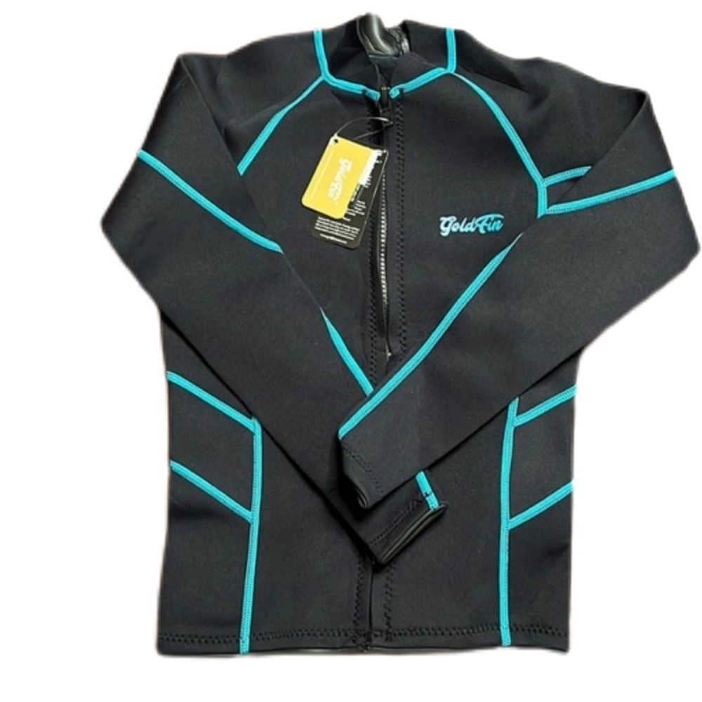Goldfin small wetsuit top, black and blue, new with tags